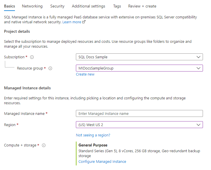 Skärmbild av Azure-portalen som visar hur du skapar fliken grundläggande SQL Managed Instance