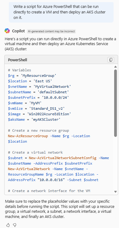 Skärmbild av Azure Copilot som tillhandahåller ett PowerShell-skript som skapar en virtuell dator och distribuerar ett AKS-kluster.