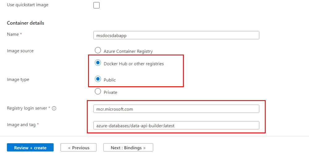 Skärmbild på sidan Skapa containerapp på fliken Container i Azure-portalen.