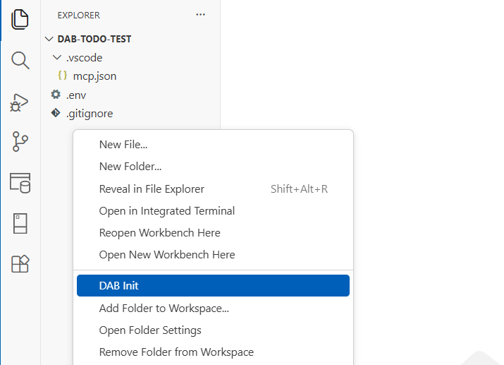 Skärmbild av DAB Init-kommandot som skapar en ny konfigurationsfil i Visual Studio Code.