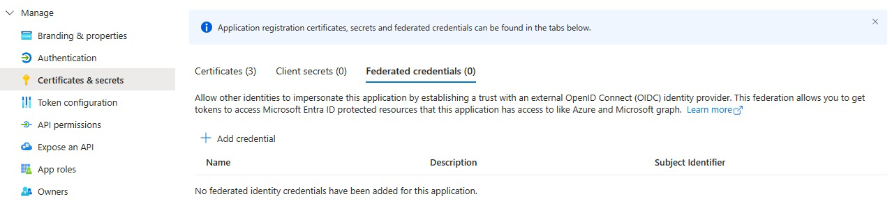 Skärmbild som visar fliken federerade autentiseringsuppgifter i Microsoft Entra-appen.