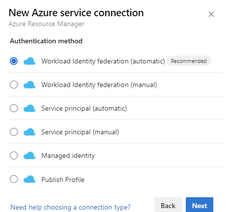 Skärmbild som visar autentiseringsalternativet för en Azure Resource Monitor-tjänstanslutning