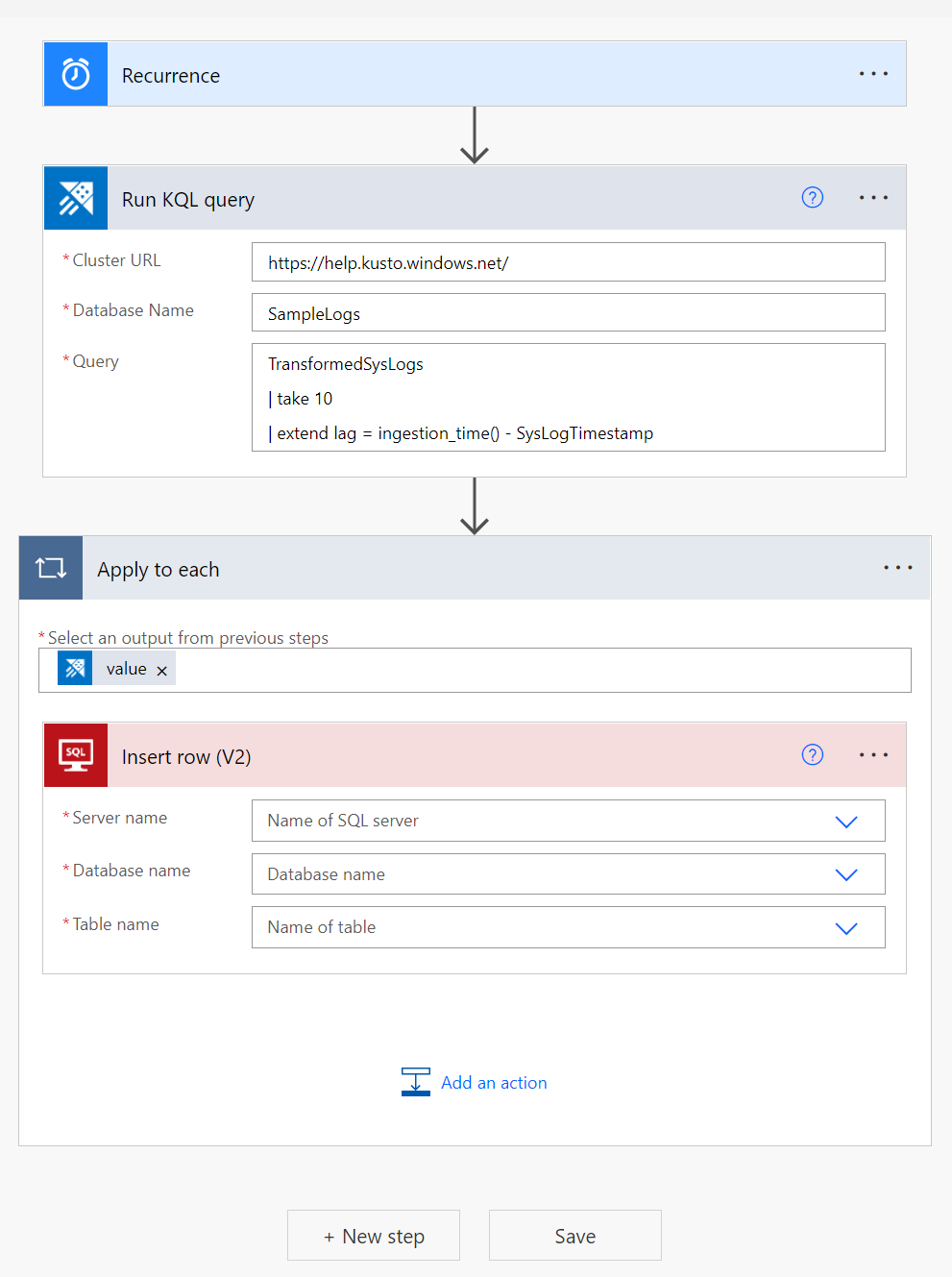 Skärmbild av SQL-anslutning som visar fråga data med hjälp av anslutningen Power Automate.