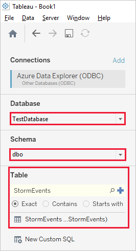 Välj databas och tabell.