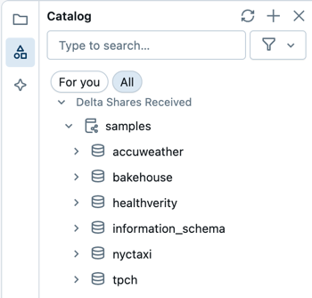 Det vänstra fönstret i SQL-redigeraren innehåller flikar för arbetsytans filwebbläsare, schemawebbläsare och Genie Code.