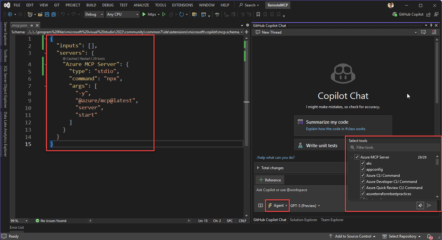 En skärmbild som visar hur du konfigurerar Azure MCP Server i Visual Studio.