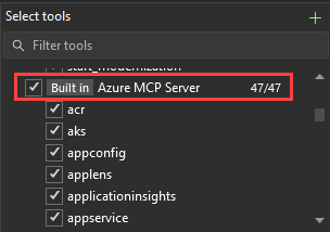 Screenshot som visar dialogrutan Välj verktyg med noden Azure MCP Server markerad.