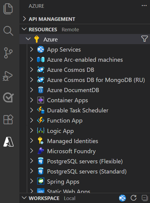 En skärmbild som visar Visual Studio Code med Azure Tools-tilläggspaketet installerat.