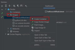 Skärmbild som visar hur du startar containern från Docker-avbildningen i PyCharm.