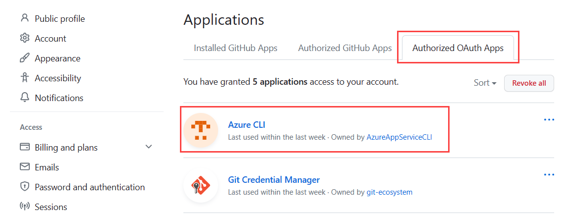 Skärmbild som visar hur du visar auktoriserade OAuth-appar för ett GitHub-konto.