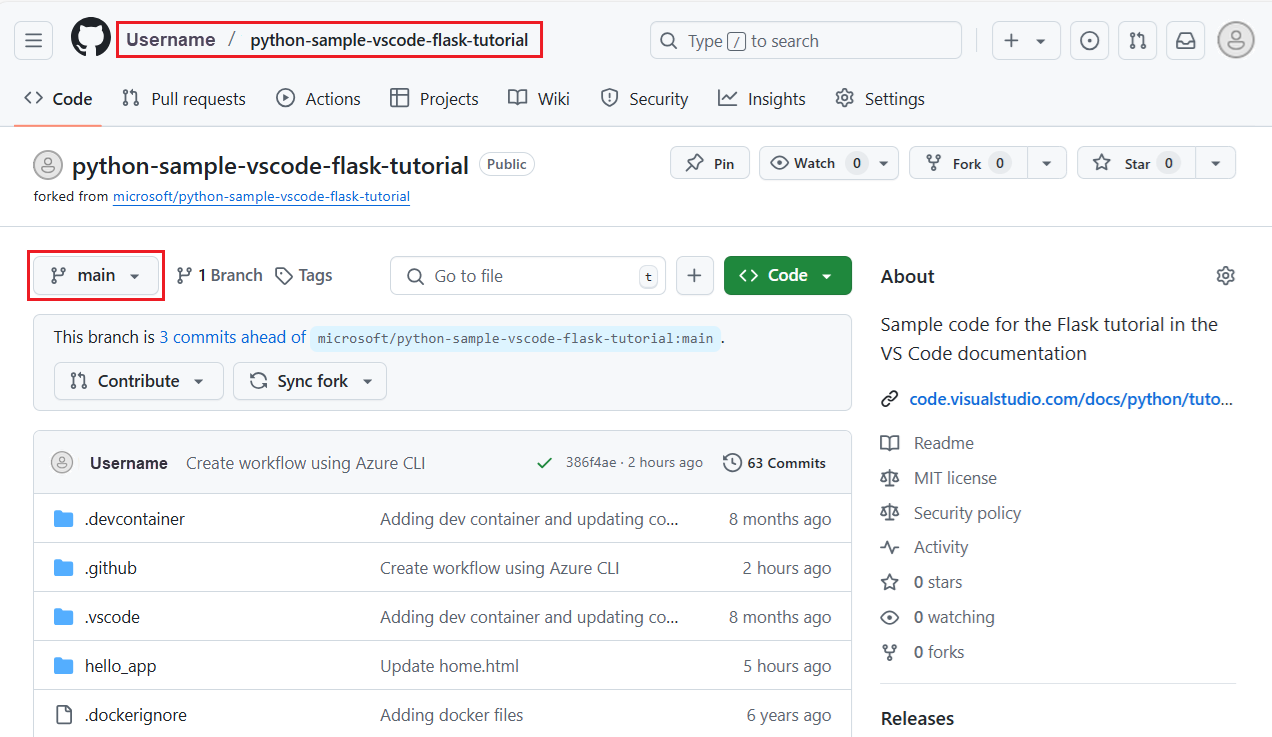Skärmbild som visar hur du går till lagringsplatsen och grenen där GitHub Actions-arbetsflödet definieras.