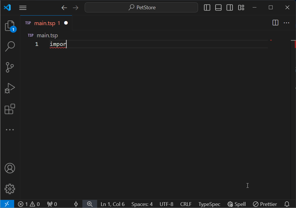Skärmbild av animering av Visual Studio Code-tillägget för TypeSpec som ger automatisk komplettering och syntaxmarkering.