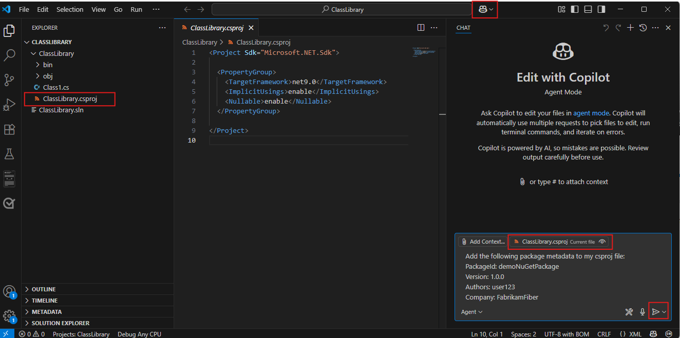 En skärmbild som visar hur du lägger till paketmetada med GitHub Copilot i Visual Studio Code.
