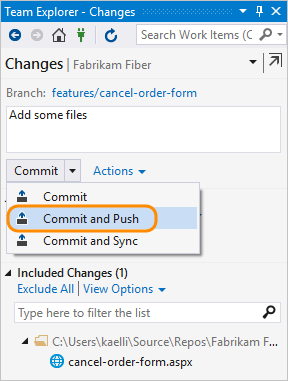 Skärmbild som visar commit- och push-ändringar.