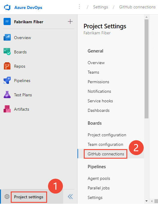 Skärmbild av öppna Projektinställningar>GitHub anslutningar.