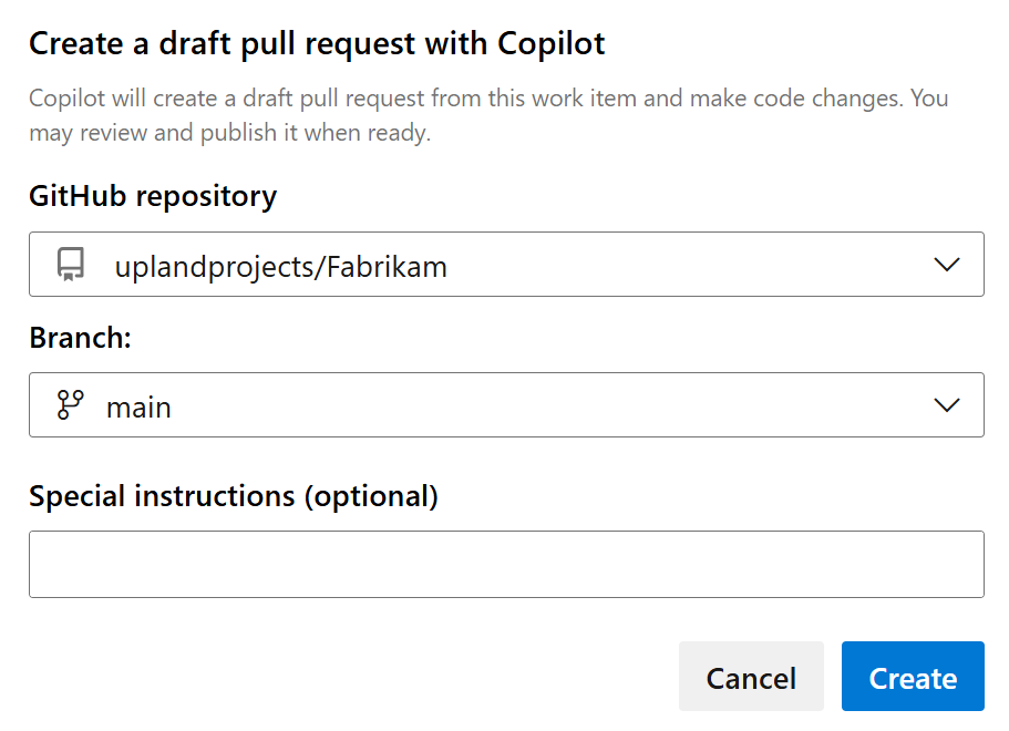 Skärmbilden visar rullgardinsmenyer för repository och gren för att skapa ett utkast till pull-begäran med Copilot.