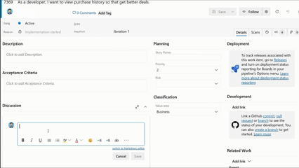 Gif som visar hur du använder !-omnämning för att referera till en GitHub pull request från en arbetsobjektsdiskussion.