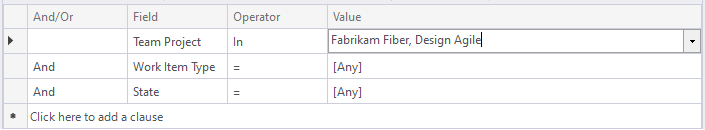 Screenshot av Visual Studio Editor Power Query, fråga i flat-lista format, med två projektvillkor.