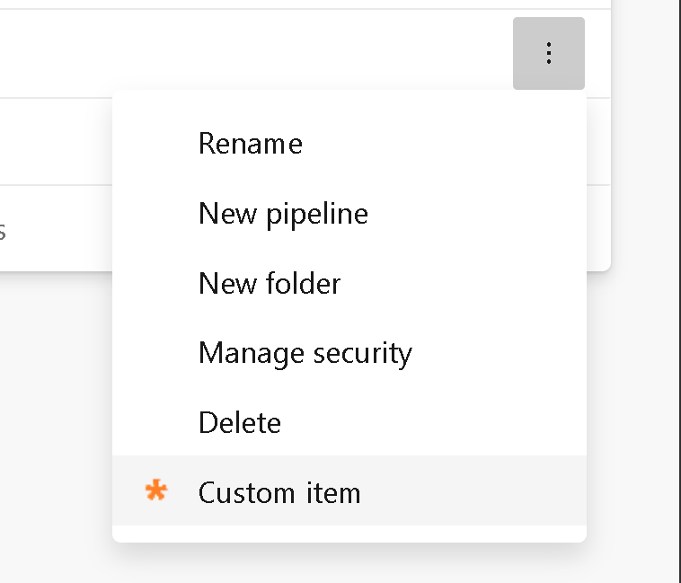 Skärmbild av en mappkontextmeny i pipelineinformationsvyn.