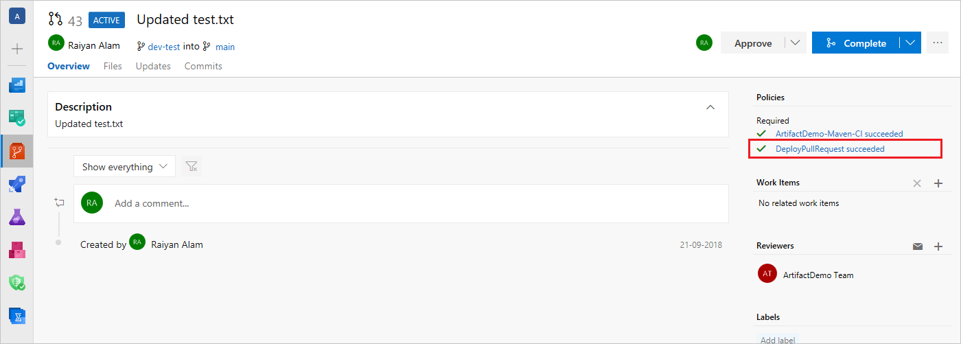 En skärmbild som visar status för principer för pull requests.