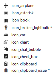 icon_airplane, icon_asterisk, icon_book, icon_car, icon_chart, icon_chat_bubble, icon_check_box, icon_clipboard, icon_code_response,