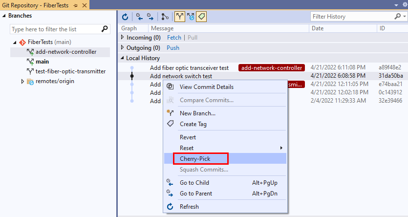 Skärmbild av alternativet Cherry-Pick i kontextmenyn för incheckning i Git-förvarsfönstret i Visual Studio.