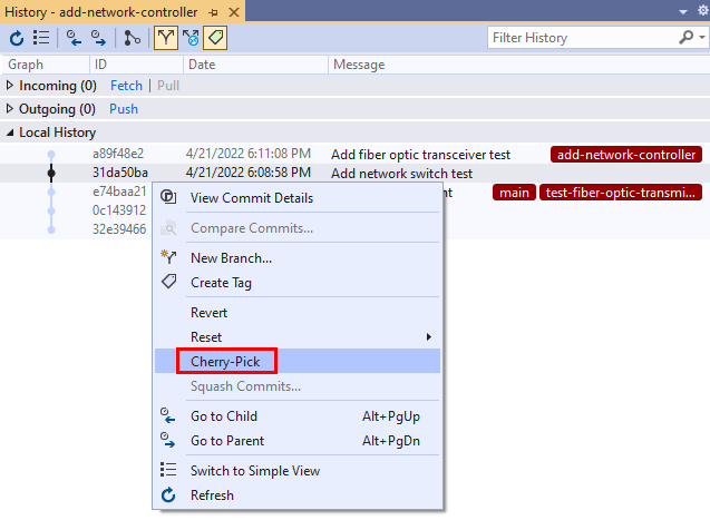 Skärmbild av alternativet Cherry-Pick i kommandomenyn för commit på fliken Historik i Visual Studio 2019.