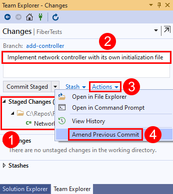 Skärmbild som visar alternativet Ändra föregående kommitt i vyn Ändringar i Team Explorer i Visual Studio 2019.
