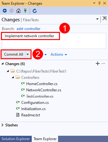 Skärmbild av alternativet Kommittera alla i vyn ändringar i Team Explorer i Visual Studio 2019.