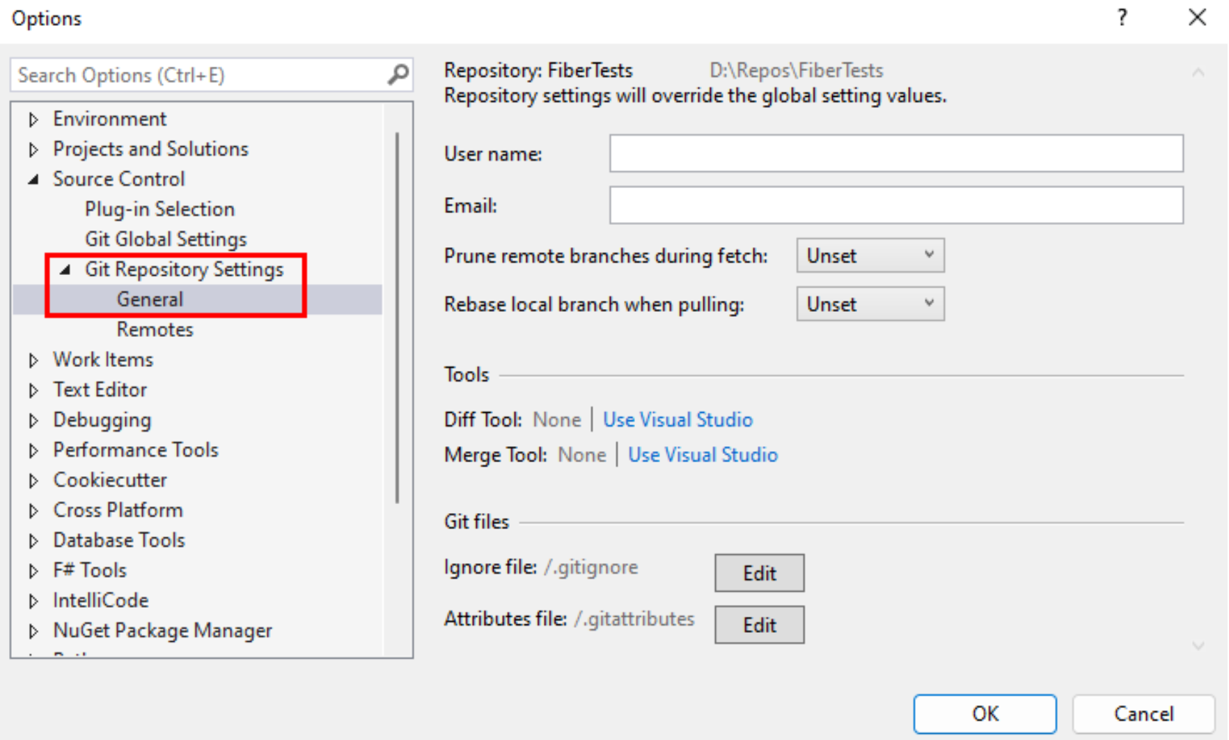 Skärmbild av Inställningar för Git-lagringsplats i dialogrutan Alternativ i Visual Studio.
