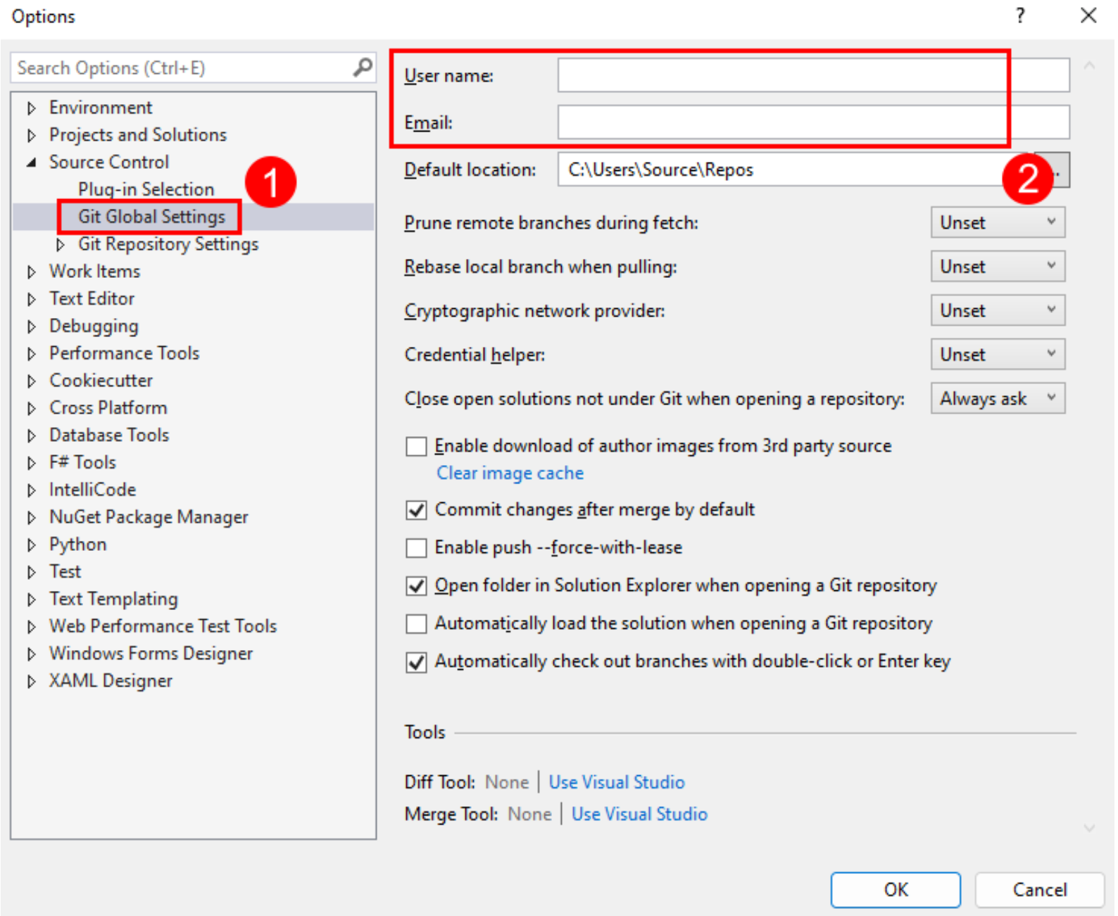 Skärmbild av namn- och e-postinställningarna i Globala Git-inställningar i dialogrutan Alternativ i Visual Studio.
