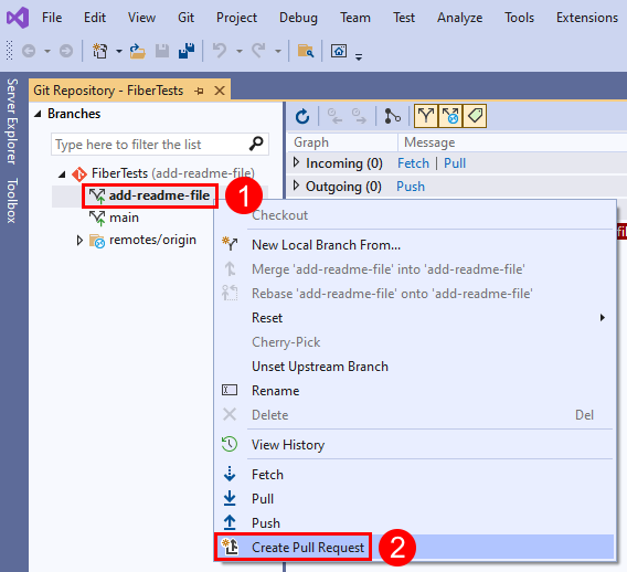 Skärmbild av menyalternativet 'Skapa en pull-begäran' från grenens snabbmeny i fönstret Git-lagringsplats i Visual Studio.