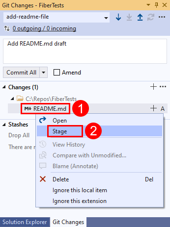 Skärmbild av alternativet Staging i fönstret Git-ändringar i Visual Studio 2019.