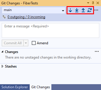 Skärmbild av knapparna Hämta, Dra, Push och Synkronisera i fönstret Git-förändringar i Visual Studio.