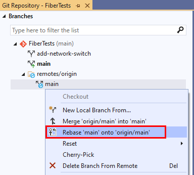Skärmdump av alternativet Rebase i snabbmenyn för grenen i Git-förvarsfönstret i Visual Studio 2019.