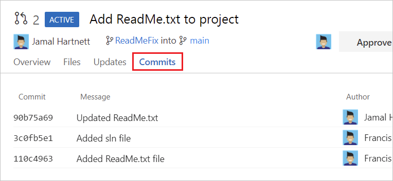 Skärmbild som visar en lista över ändringar på fliken Ändringar i en Azure Repos PR.