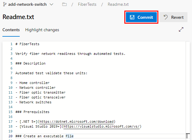 Skärmdump av knappen Commit i Azure Repos.