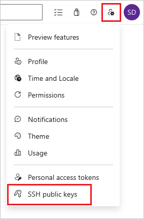 Screenshot som visar menyalternativet för offentliga SSH-nycklar och användarens avatar som valts i Azure DevOps.