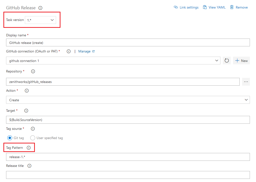 Skärmbild som visar GitHub-releaseuppgift med avsnitten Aktivitetsversion och Taggmönster framhävda.