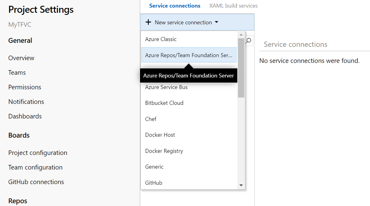 Skärmbild av sidan Projektinställningar med alternativet Azure Repos/Team Foundation Server markerat.