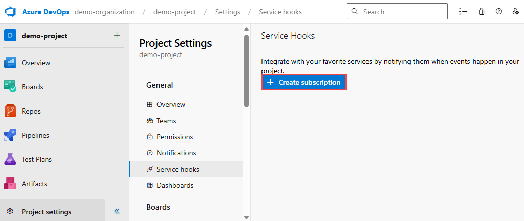 Skärmbild av sidan Service Hooks i ett Azure DevOps-projekt. Knappen Skapa prenumeration är markerad.