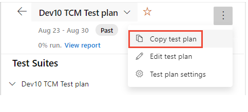 Skärmbild som visar menyn Testplan fler åtgärder, alternativet för att kopiera testplan.