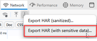 Screenshot visar markerad sektion Exportera HAR med känsliga data i Microsoft Edge.