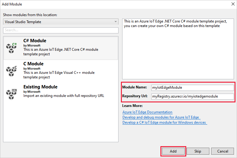 Skärmbild av val för att lägga till ett program och en modul i en Visual Studio solution.