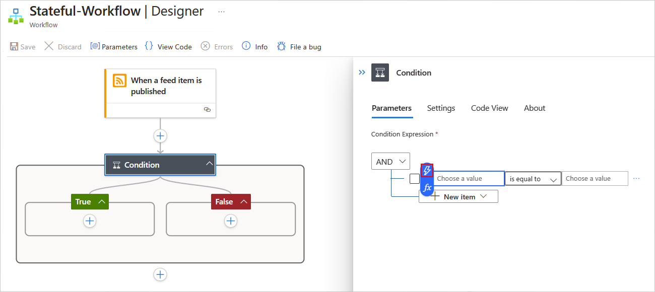 Skärmbild som visar azure-portalen, standardarbetsflödesdesignern, RSS-utlösaren och villkorsåtgärden med informationsfönstret öppet och knappen dynamiskt innehåll valt.