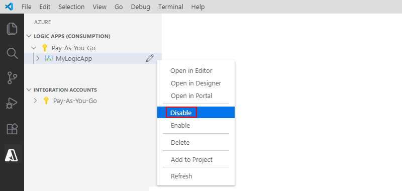 Skärmbild som visar Visual Studio Code och hur du inaktiverar en logikappresurs.