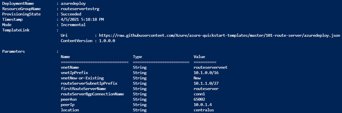 Skärmbild som visar distributionsutdata för PowerShell med Route Server Resource Manager-mall.