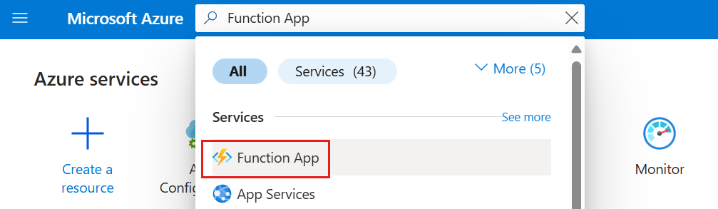 Skärmbild av Azure-portalen, väljer Funktionsapp.