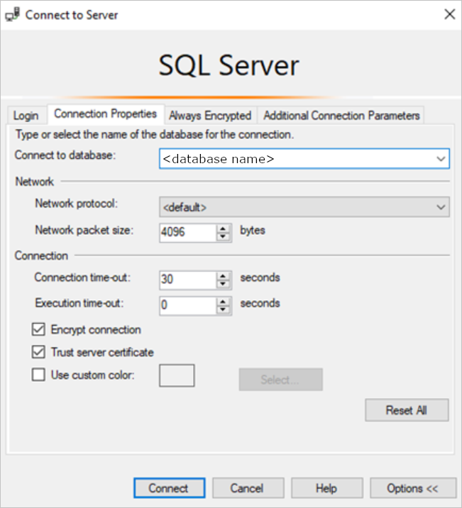 SQL Server anslutningsegenskaper