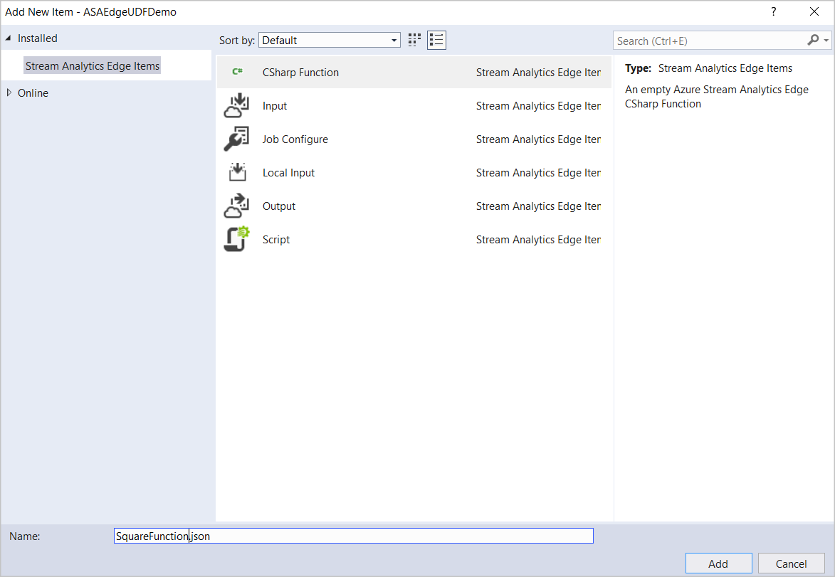 Välj CSharp-funktion från Stream Analytics Edge-objekt i Visual Studio